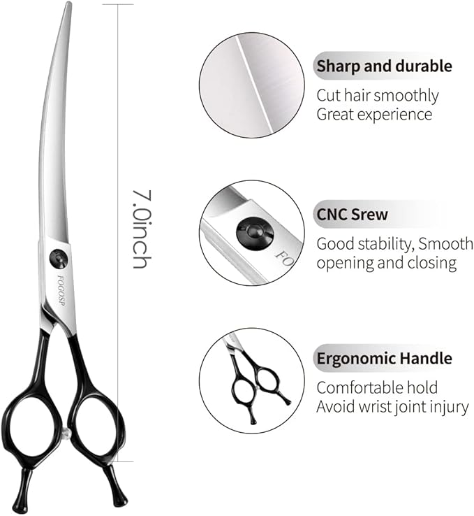 FOGOSP Curved Dog Grooming Scissors Professional 7" Grooming Shears for Dogs Pet Right Handed Groomer Japan 440C Stainless Steel (7 in Curved, Black)