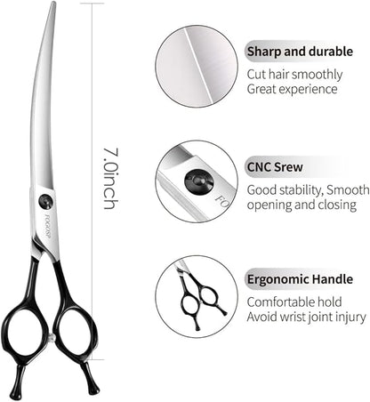 FOGOSP Curved Dog Grooming Scissors Professional 7" Grooming Shears for Dogs Pet Right Handed Groomer Japan 440C Stainless Steel (7 in Curved, Black)