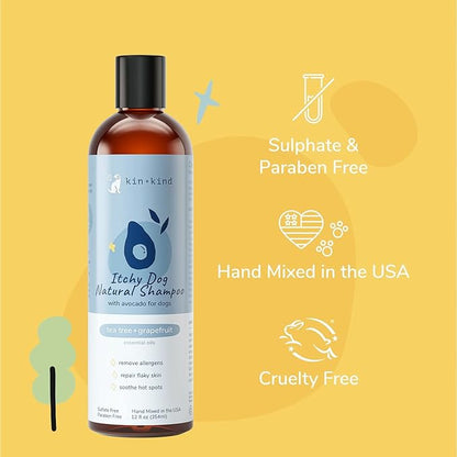kin+kind Organic Dog Shampoo Itchy Skin Relief – Natural Dog Shampoo for Dry, Sensitive Skin – Moisturizing Formula with Coconut Oil, Olive Oil & Tea Tree – Grooming Supplies – Made in USA (12 fl oz)