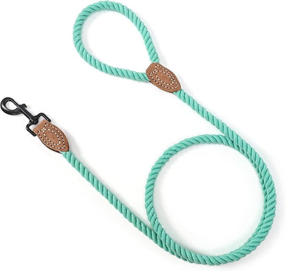 Mile High Life Dog Leash, Braided Cotton Rope Leashes with Leather Tailor Tip with Leather Tip - Heavy Duty Metal Clasp, 4FT, 1/2" Thick - Wedding, Walking Leash for Medium Large Dogs(Green)