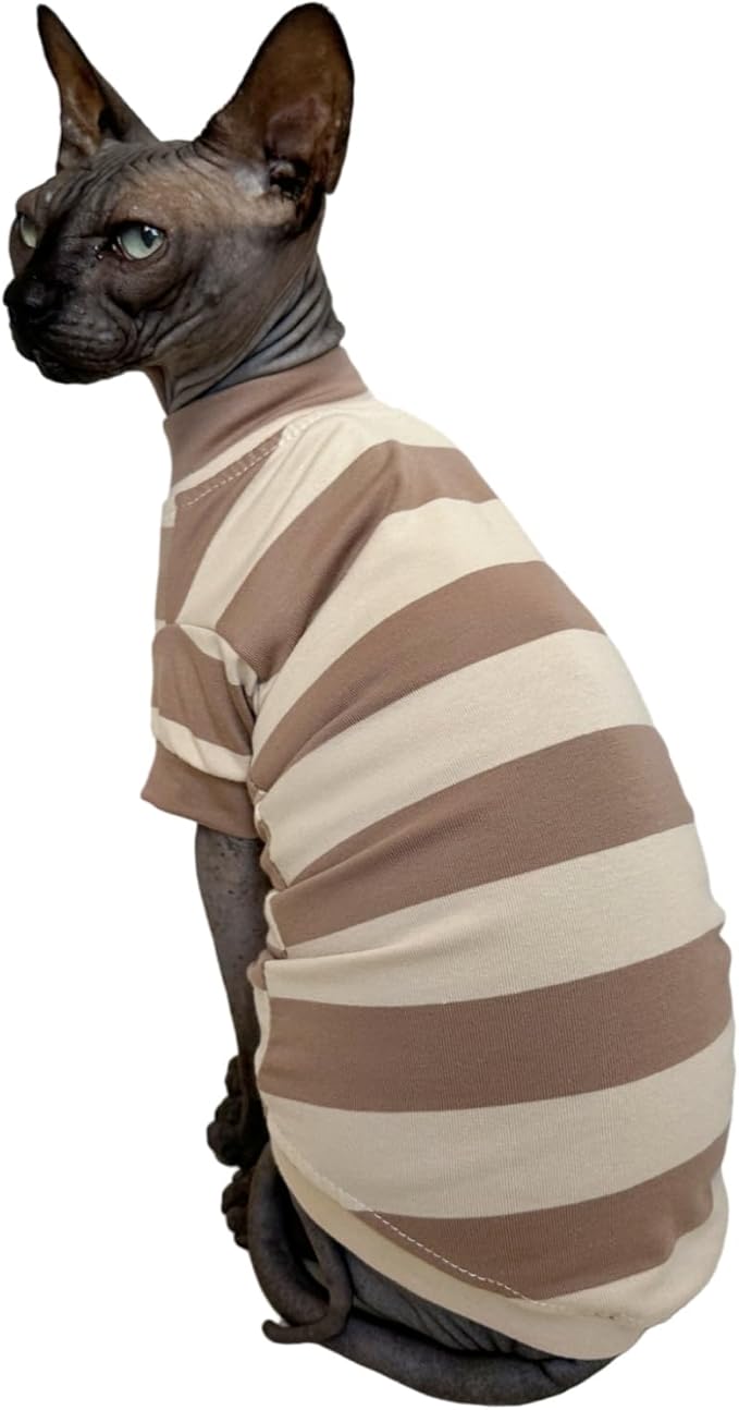 Sphynx Cat Clothes Shirts for Hairless Cat, Wide Stripe Cats Apparel, Kitten Summer Cotton T-Shirts with Sleeves for Cornish Rex, Devon Rex, Peterbald (Coffee, Large)