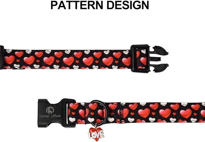 Lionet Paws Valentine's Dog Collar- Cute Sweet Pink Heart Black Dog Collars with Plastic Buckle, Light Adjustable Dog Collars for Small Dogs