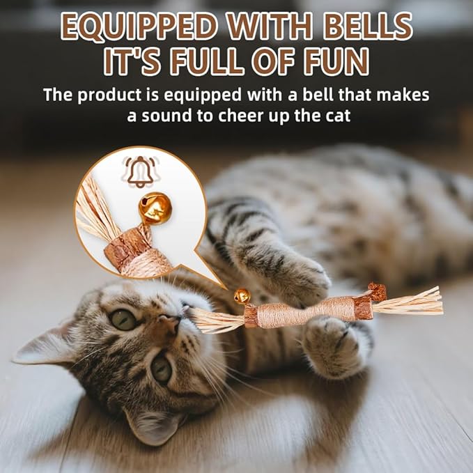 JoyArrive Natural Dried Matatabi Cat Chew Stick with Gall Fruit, Raffia Grass & Bell Cat Ball Toys, Handmade Silvervine Sticks Interactive Catnip Toys for Teething & Entertainment (Size M Color I)