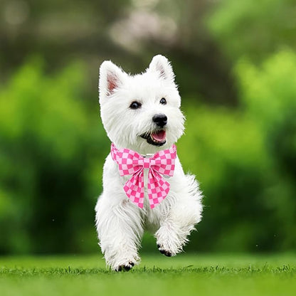 Pink Plaid Bowtie Dog Collar, Summer Bowtie Collar for Puppy Boy Girl Dog, Comfortable Cotton Dog Collar with Metal Buckle, L, Neck 16-24in