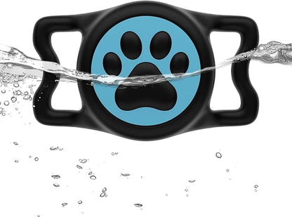 WhoseID IP68 Waterpoof Dog Tag Holder, Stretchy Silicone Full Body Covered tag Holder for Dog Cat Collar Fit All Width Collar (Black & Blue, 1 Pack)