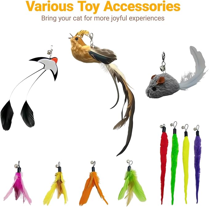 Interactive Cat Wand Toy Set, 11 PCS Retractable Wand Toys for Indoor Cats, Refills Attachment - Feather Toys, Plush Birds，Mice, Insects, and Swallows for Play Chase Exercise