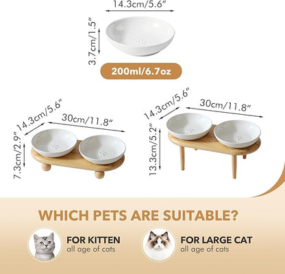 Havniva Raised Ceramic Wide Whisker Friendly Cat Dishes, Anti-Slip Food& Water Bowl with 2 Style Stand Adjustable Pet Bowl Set(2Dish+Stand, White)