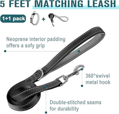 Dog Collar for Medium Small Large Dogs Reflective with Leash,Collar and Leash for Dogs,Soft Neoprene Padded 2 Pack(Black,L)