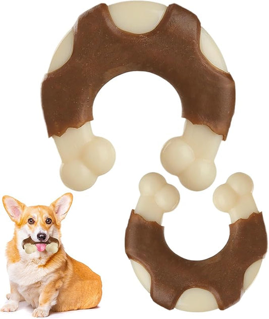 Geeyteek Durable Nylon Dog Bones, 2 Pack Dog Toys for Aggressive Chewers, Beef-Flavored U-Shaped Bone Chew Toys for Largel/Medium/Small Dogs, Teething and Boredom Relief