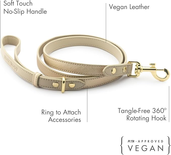 Nina Woof Rio Vegan Leather Dog Leash (4ft) Padded Luxury Lead - Compatible with Collars (Gold)