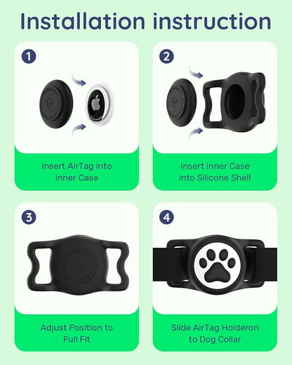 WhoseID IP68 Waterpoof Dog Airtag Holder, Stretchy Silicone Full Body Covered Apple Air Tag Holder for Dog Cat Collar Fit All Width Collar (4* Black, 4 Pack)