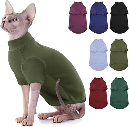 SUNFURA Turtleneck Sweater for Cat, Sphynx Cats Shirt Hairless Cat Sweaters with Sleeves, Warm and Soft Kitten Pullover Fleece Winter Pajamas Jumpsuit for Puppy Cats, ArmyGreen L