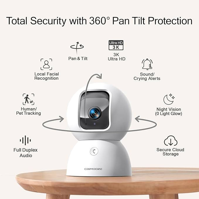 CINMOORE 5G Security Camera Indoor, 3K Pet/Dog Camera with Speaker/Phone App, PTZ WiFi Baby Monitor Cameras for Home Security, 0-Glow Night Vision 2-Way Talk, AI Tracking Facial Recognition Time Lapse