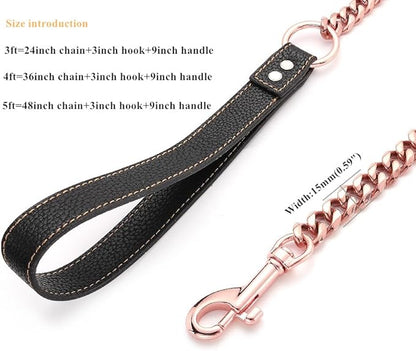 Rose Gold Dog Leash 15mm Cuban Link Chain Dog Leash Durable Stainless Steel Metal with Leather Handle for Small Medium Large Dogs 3FT/4FT/5FT(15mm,5ft)…
