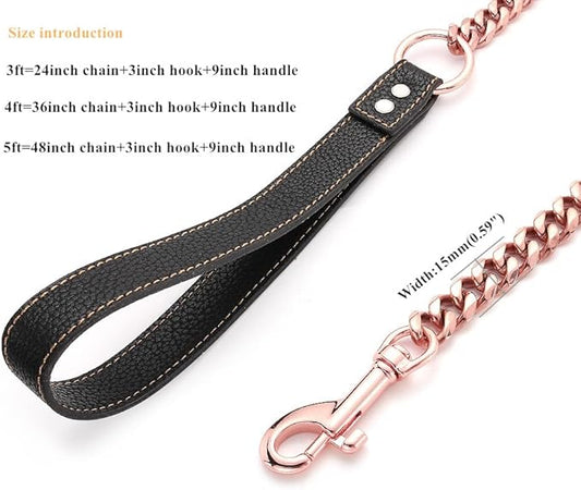 Rose Gold Dog Leash 15mm Cuban Link Chain Dog Leash Durable Stainless Steel Metal with Leather Handle for Small Medium Large Dogs 3FT/4FT/5FT(15mm,4ft)…