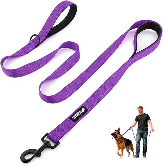 Heavy Duty Double Handle Dog Leash 6 ft Long for Total Control, Padded 2 Handle, Reflective Training Lead for Medium Large Dogs (Purple, 6 FT)