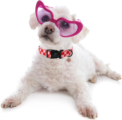 UP URARA PUP Red and Pink Plaid Dog Collarwith Bow Tie– Adjustable Red & Pink Checkered Dog Collar for Small Medium Large Dogs, Soft Xmas Plaid Puppy Collars with Quick Release Buckle S