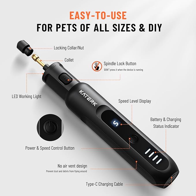 Katerk Pet Dog Nail Grinder - 5 Speed Quiet Electric Dog Nail Trimmer with 360°LED Light, 2500mAh Rechargeable, 32PCS Cordless Rotary Tool for Small Medium Large Dogs & DIY Sanding, Carving (Black)