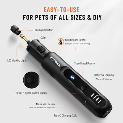 Katerk Pet Dog Nail Grinder - 5 Speed Quiet Electric Dog Nail Trimmer with 360°LED Light, 2500mAh Rechargeable, 32PCS Cordless Rotary Tool for Small Medium Large Dogs & DIY Sanding, Carving (Black)