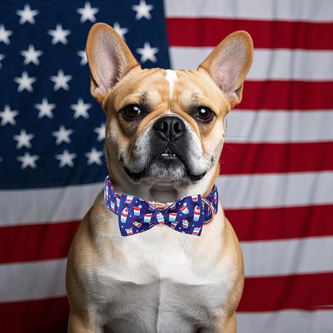 4th of July Dog Collar with Bow Tie - American Flag Day Patriotic Dog Collars Blue Star Sundae Summer Bowtie Collar for Small Medium Large Dogs S