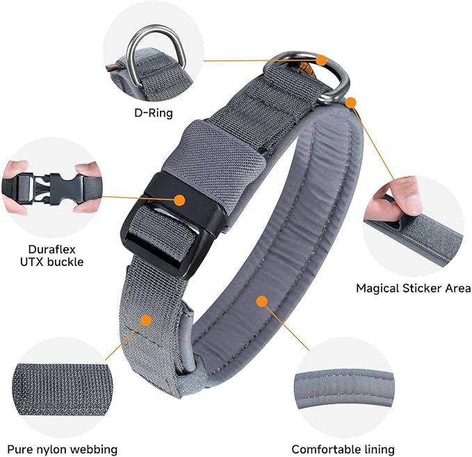EXCELLENT ELITE SPANKER Tactical Small Puppy Dog Collar Nylon Adjustable Heavy Duty Military for Small Medium and Large Dogs Pet Soft Padded Dog Collar(Gry-L)