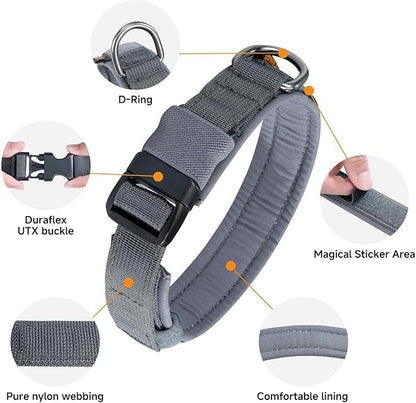 EXCELLENT ELITE SPANKER Tactical Small Puppy Dog Collar Nylon Adjustable Heavy Duty Military for Small Medium and Large Dogs Pet Soft Padded Dog Collar(Gry-L)