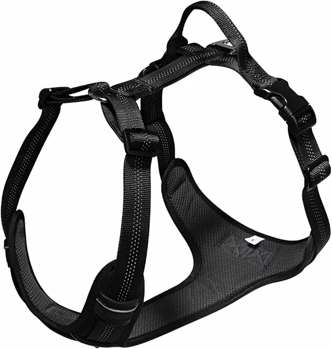 No Pull Dog Harness for Large Dogs, Adjustable, Reflective Breathable Padded Vest with 2 Metal Leash Clips and Handle for Control or Car Seatbelt Use, Black, L