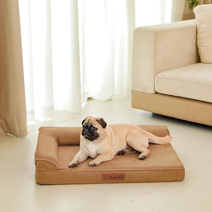 Rainmr Orthopedic Dog Bed Medium Size Dog, Memory Foam Dogs Bed for Medium Dogs, Washable and Removable Microsuede Cover, Waterproof Liner, Non-Skid Bottom, 30x20x6 Inches, Khaki