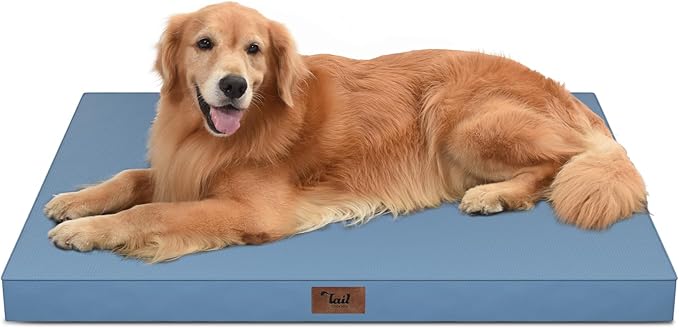 Tail Stories Outdoor All Weather XL Dog Bed, Waterproof Pet Bed for Extra Large Dogs, Orthopedic Egg Crate Foam with Removable Washable Oxford Cooling Cover, 44x32 Inch, Blue