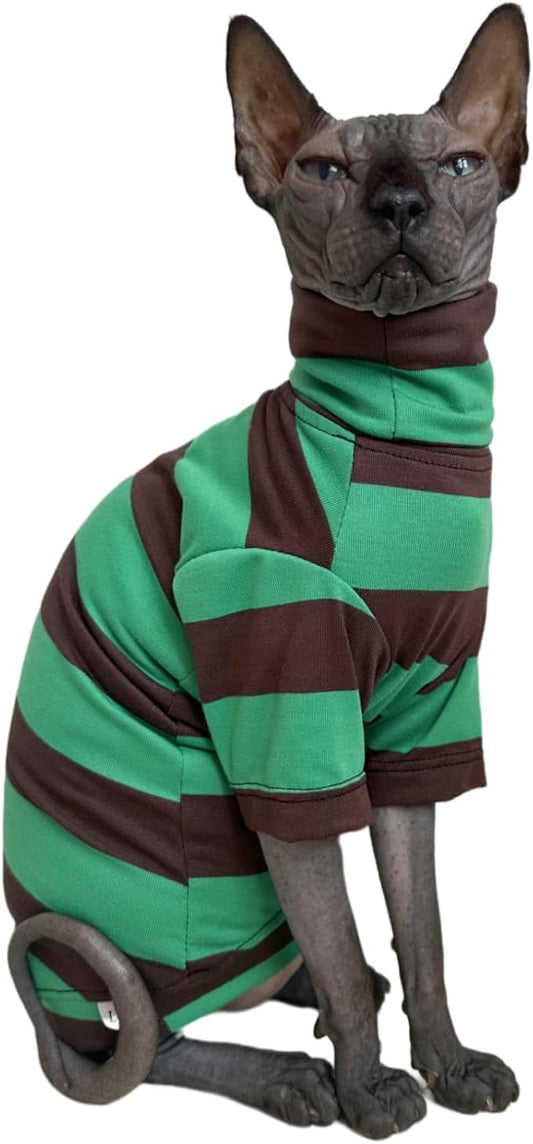 Vintage Stripes Sphynx Hairless Cats Shirt Cotton Cat Turtleneck Pet Clothes Kitten T-Shirts with Sleeves for Sphynx Cats (Wide Green Brown Stripe, Small)