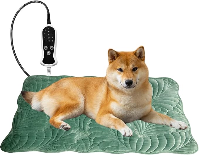 Quwzayail Dog Heating pad, Waterproof Outdoor Heating Pad for Cats Adjustable Thermostat, 9 Gears and time Settings,Chew Resistant Steel Cord (28.0" L x 18.0" W x 0.5" Th, Green)