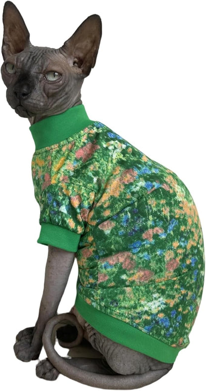 Limited Edition Sphynx Cat Cotton T-Shirts Hairless Cat Sweatshirt Pet Kitten Clothes Round Collar Kitten Shirts Vest Cats & Small Dogs Apparel (Impressionism, XL (10-12 lbs))