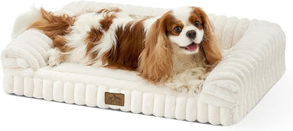 COZY KISS Cute Dog Bed for Small Dogs, Faux Rabbit Fur Orthopedic Foam Dog Bed with Sides, Removable Washable Cover & Waterproof Lining, Comfortable Pet Couch, Cream (30" L x 20" W x 6" Th)