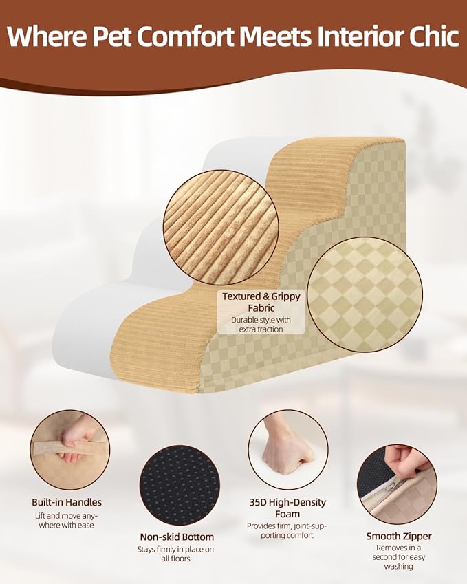 Dog Stairs Curved Ramp for Small Dogs 19.5" H, 4-Step Pet Stairs for Couch Bed with High Density Foam, Dog Slope Stairs with Durable Non-Slip Bottom Khaki