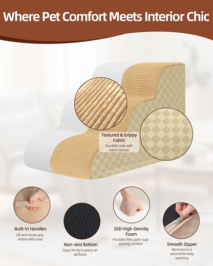 Dog Stairs Curved Ramp for Small Dogs 19.5" H, 4-Step Pet Stairs for Couch Bed with High Density Foam, Dog Slope Stairs with Durable Non-Slip Bottom Khaki