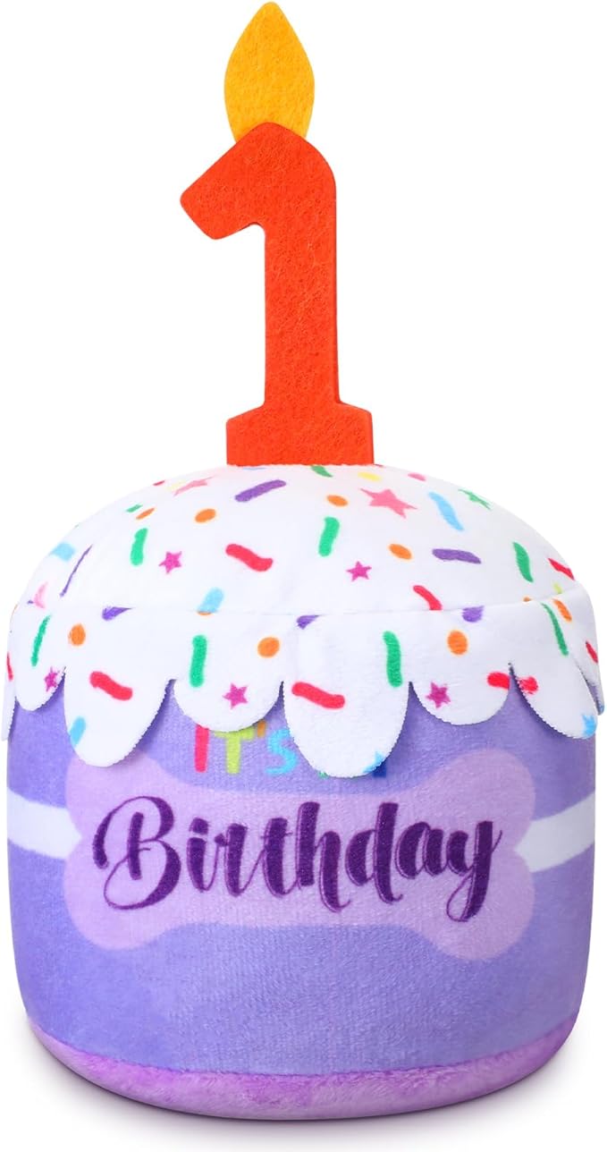 Dog 1st Birthday Cake Toy Accessories for Girl Boy Gifts, Purple Squeaky Plush Toy for Dog Birthday Party Decor Favor for Large, Medium and Small Dogs