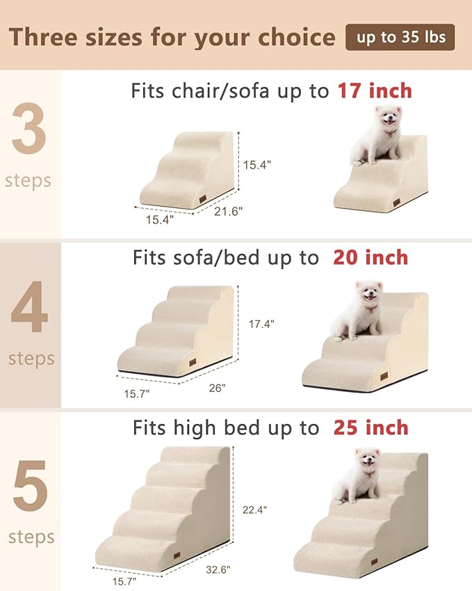 Aodisman Dog Stairs Ramp for Bed and Couch,4 Step Dog Steps for Small Dogs,Pet Stairs with Non-Slip Bottom for Old Cats,Indoor Pet Steps,Comfort,Durable,17.4" H,Beige