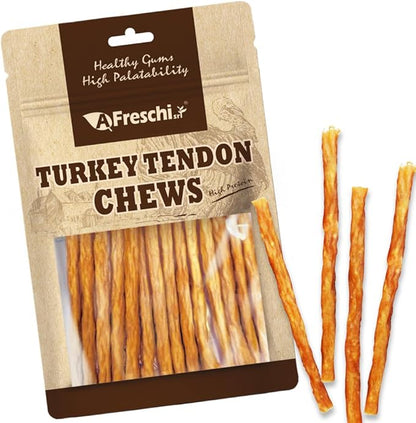 A Freschi srl Turkey Tendons for Dogs, USA-Sourced, Healthy Dog Treats, Rawhide-Free Puppy Chews, All Natural, Hypoallergenic Dog Treats, Thin Sticks, 3.5 oz Pack