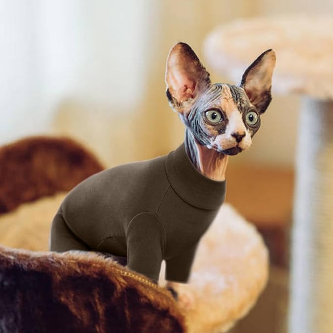 ROZKITCH Hairless Cat Sweaters, Breathable Soft Pet Jumpers for Cats Only, Coat with Four Legs, Warm Sweater T-Shirt Pajamas Jumpsuit Vest Cornish Rex Devon Rex Peterbald Coffee XL