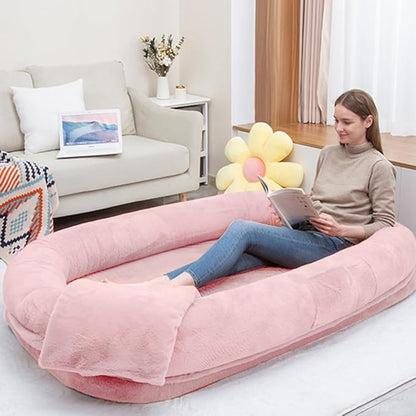 Human Dog Bed 63”x36.6”x11” Large Dog Bed with Raised Cushioned Rim, Removable Cover, Waterproof Lining and Bonus Blanket; Washable-Luxury Fluffy Nap Bed (63"x36.6"x11", Pink)