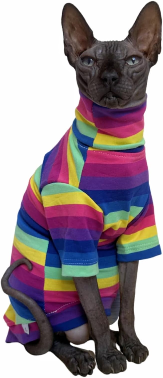 Vintage Stripes Sphynx Hairless Cats Shirt Cotton Cat Turtleneck Pet Clothes Kitten T-Shirts with Sleeves for Sphynx Cornish Rex, Devon Rex, Peterbald (Rainbow Stripe, Medium (Pack of 1))