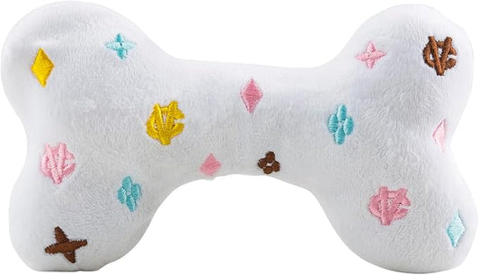 Haute Diggity Dog White Chewy Vuiton Bone, Plush Designer Dog Toys with Interactive Squeaker, Stimulating Pet Enrichment, Machine-Washable & Safe Materials for All Breeds, Size Large