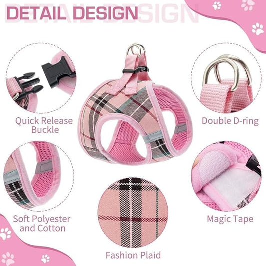 KOOLTAIL Dog Harness for Small Medium Dogs ,Dog Harness and Leash Set, Step in No Pull Soft Mesh Padded Adjustable and Reflective Pet Vest Harness Puppy, Plaid Extra Harness for XS S Dogs, Pink S