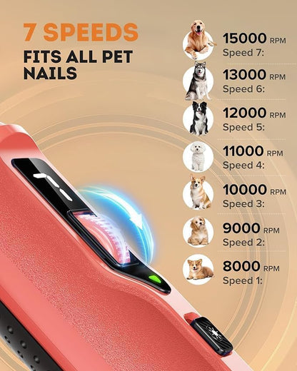 7-Speed Dog Nail Grinder with LED Light – Ultra Quiet Electric Pet Nail Trimmer for Large Dogs & Cats – Professional Grooming Tool with Dust Collector, One-Hand Speed Control & Instant Stop Safety