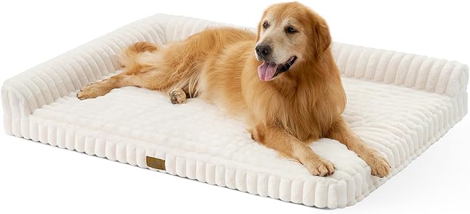 COZY KISS Cute Dog Bed, Faux Rabbit Fur Orthopedic Foam Dog Bed with Sides, Removable Washable Cover & Waterproof Lining, Comfortable Pet Couch for Extra Large Dogs, Cream (48" L x 35" W x 7.5" Th)