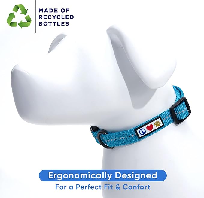 Pawtitas Recycled Dog Collar with Reflective Stitched Puppy Collar Made from Plastic Bottles Collected from Oceans Small Teal Turquoise Wave