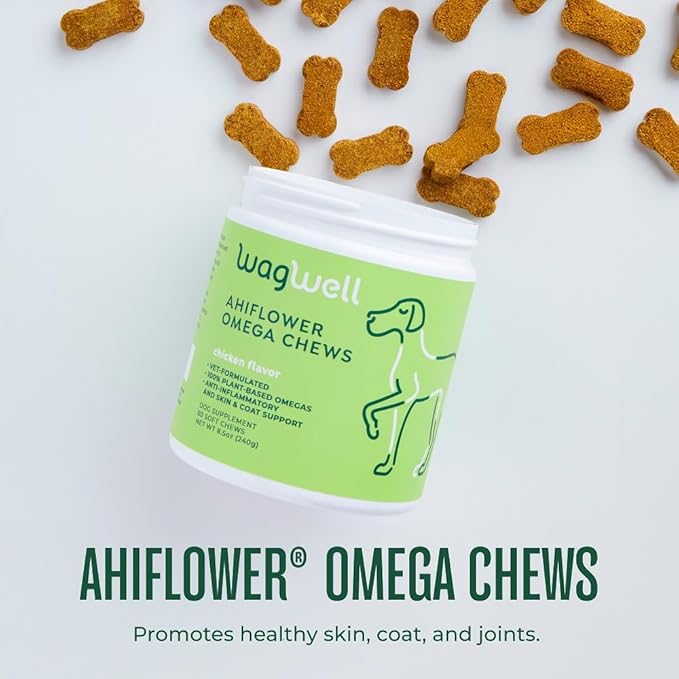 WagWell Ahiflower Omega Chews – Vet-Formulated, All Natural, Made in The USA – Skin, Coat, & Joint Chews for Dogs – Plant-Based Omega 3, 6 & 9 – Dog Fish Oil Alternative, Chicken-Flavored, 60 Chews