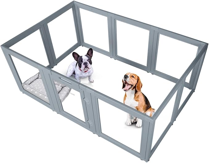 Everfront Clear Dog Play Pen - Easy Assemble Durable Plastic Acrylic Dog Playpen - Dog Playpen Indoor, Puppy Playpen, Cat Playpen, Small Animal Playpen, Dog Play Pen Indoors (Grey, 30.3" H, 10PCS)