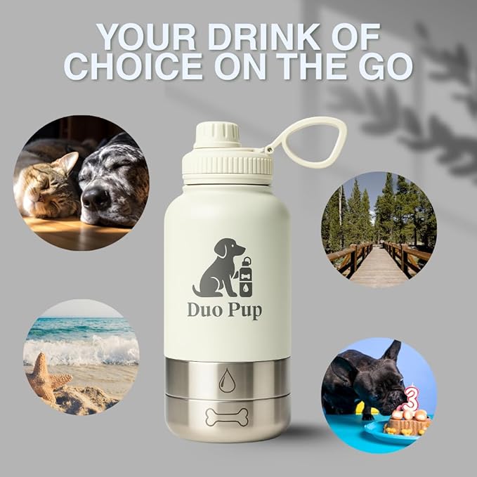 DuoPup 32oz Insulated Stainless Steel Pet Water & Food Bottle – Portable Leak-Resistant Dispenser with Two Detachable Bowls & Carrying Strap – Travel, Hiking & Outdoor Pet Hydration – White