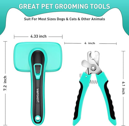 WOPQAEM 2 Pcs Self Cleaning Slicker Brush & Nail Clippers for Dog and Cats,Shedding Long and Short Haired Pets,Skin Friendly Deshedding Grooming Tool